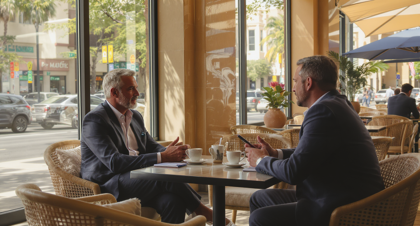 Realtor and investor discuss regional market trends over coffee in a bright café with Phoenix cityscape outside.