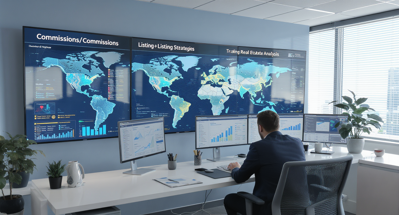 Well-lit workspace displaying national real estate commission data on multiple screens with an analyst reviewing trends.