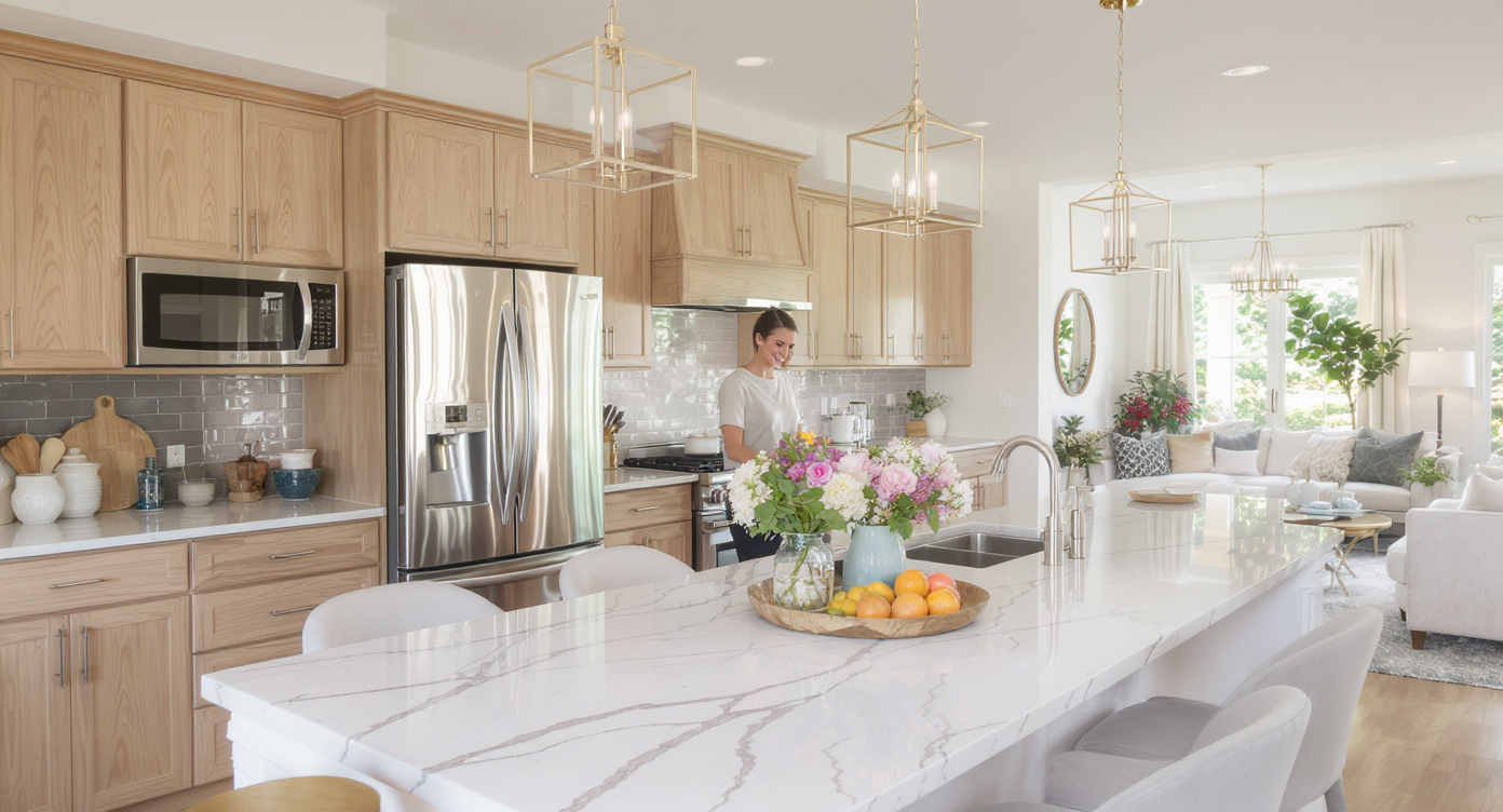 Bright kitchen and dining space with light oak cabinets, marble counters, homeowner arranging flowers at table, natural light flowing in