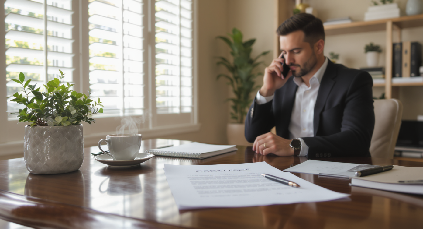 Sunlit walnut desk with contract, coffee cup, plant; realtor in background on phone, modern home office setting