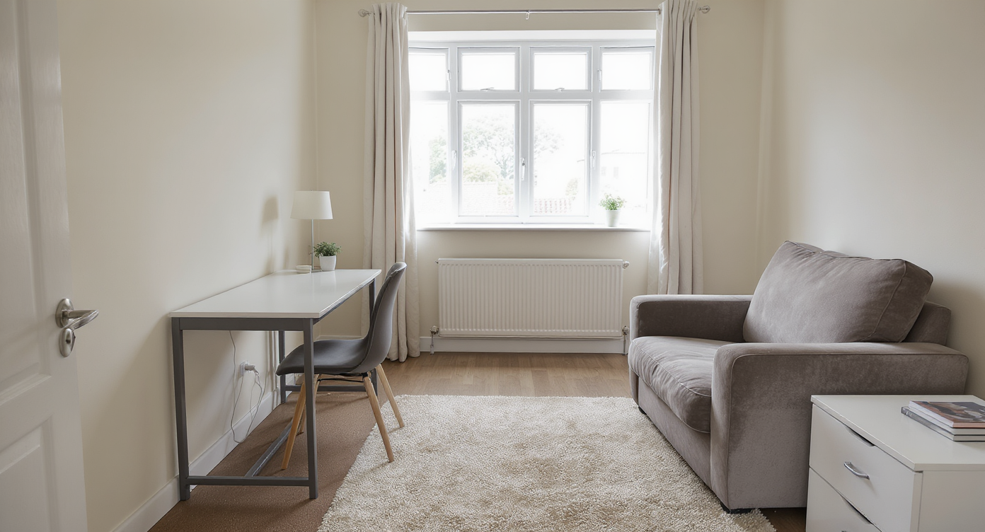 Small bedroom showing clear walking space, slim desk, compact chair, hidden storage, and one oversized chair wrong for scale.