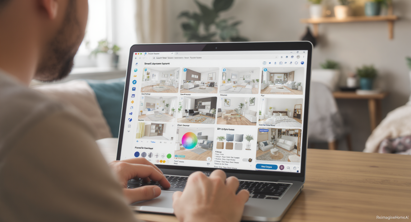 User testing multiple small bedroom studio layouts on laptop with ReimagineHome.ai interface, real room visible.