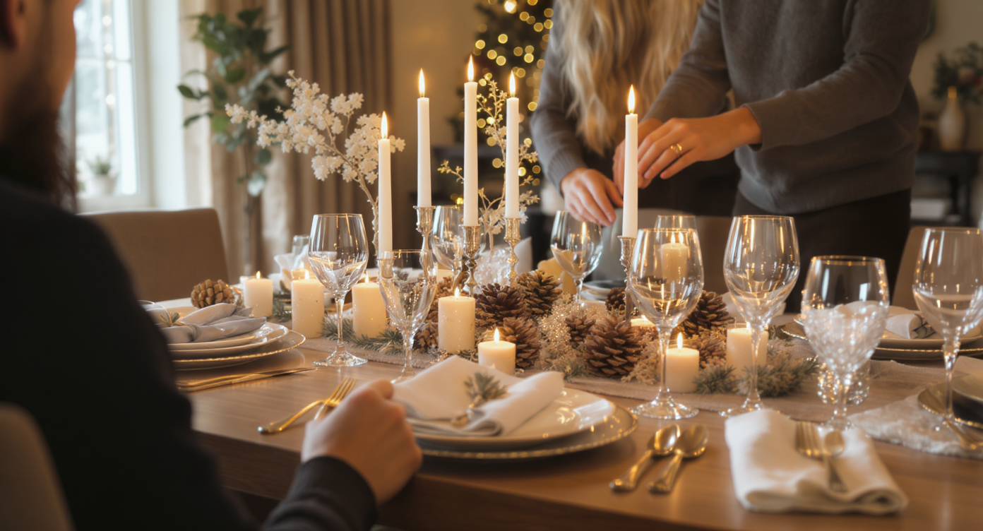 Holiday table with low centerpiece, layered candles, metallic place settings, textured napkins; stylist adjusting candle in background under warm natural light.