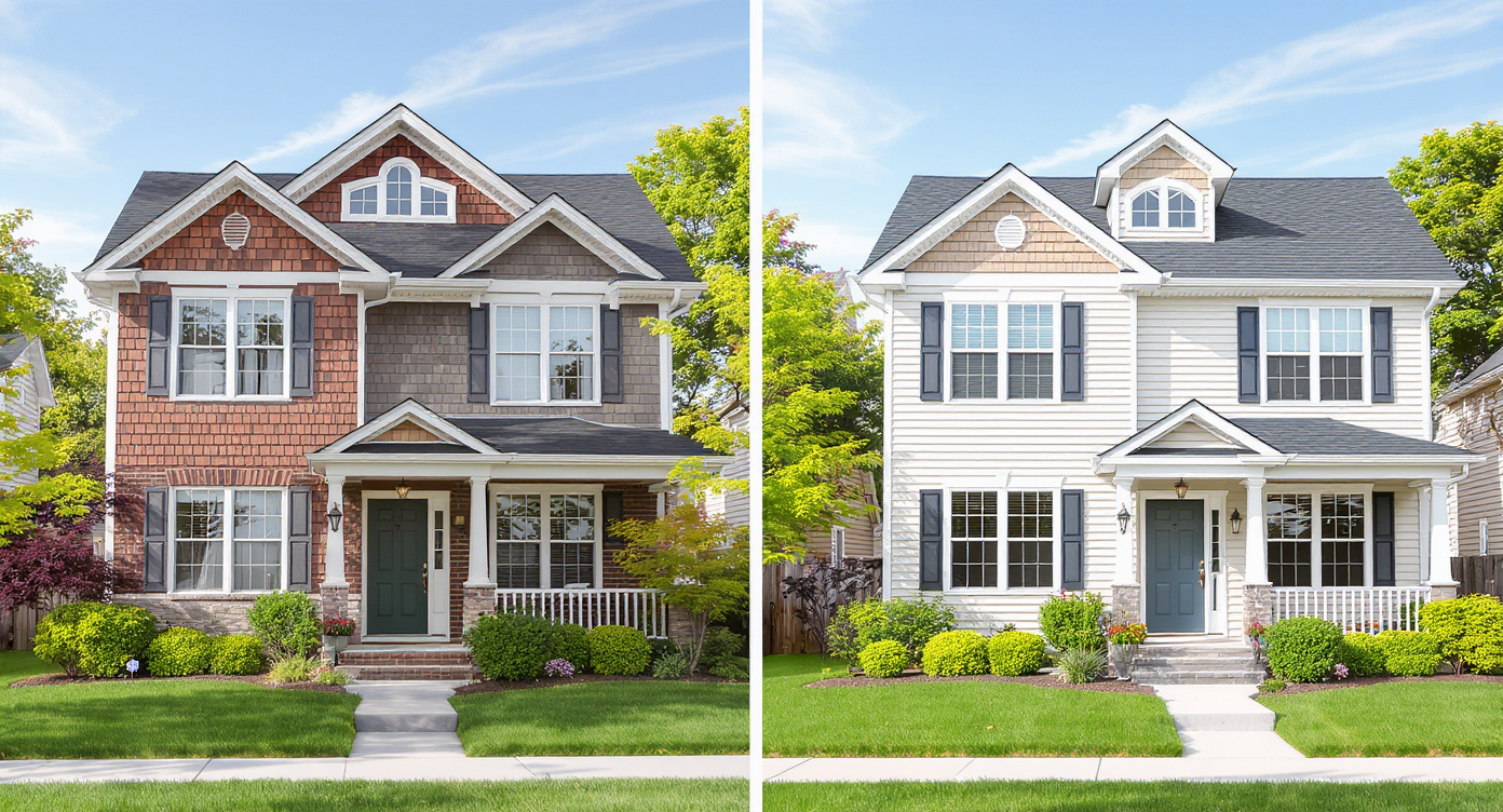 Side-by-side comparison of a cluttered front elevation and its corrected, harmonized design with aligned windows and matching materials.