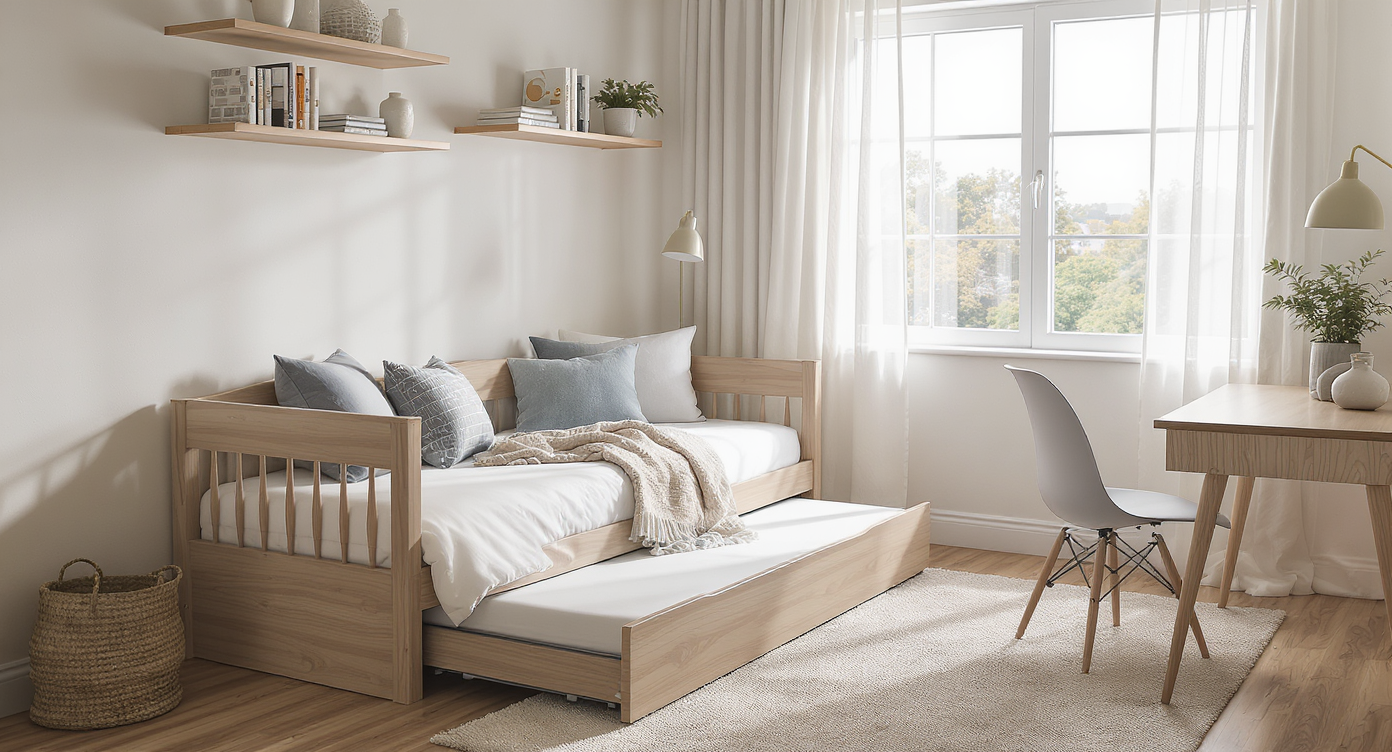 Cozy room featuring a white daybed with a trundle next to a wooden desk near a large window, showcasing a dual-purpose guest and office space.