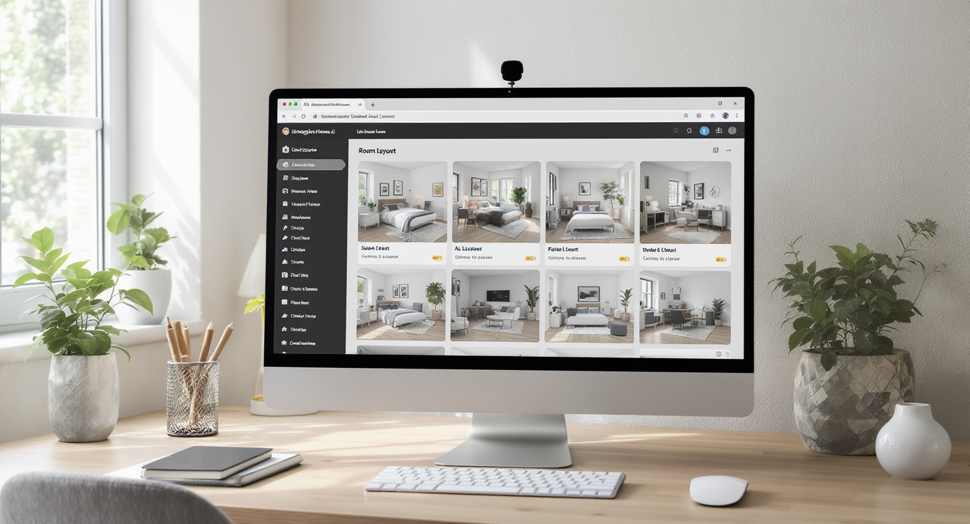 Designer’s desk with computer showing ReimagineHome.ai interface featuring multiple 3D room layouts for office and guest bedroom combos.