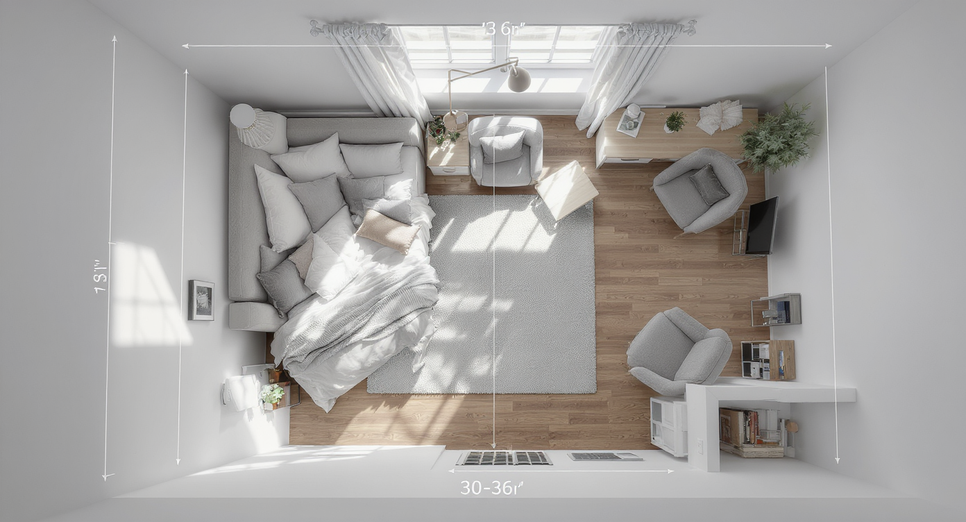 Overhead view showing clear walking space around a folded Murphy bed and desk in a neutral-toned compact office-guest room.