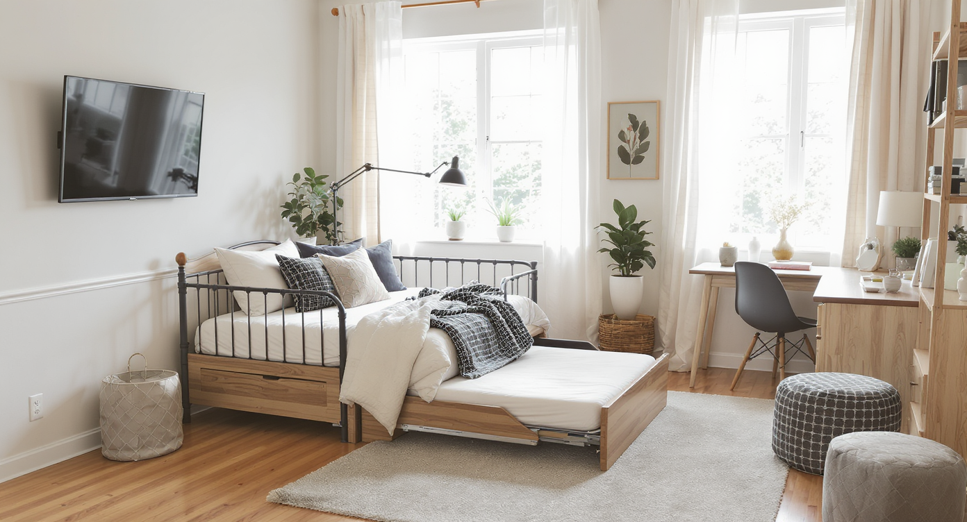 Daybed with trundle pulled out in a bright room showing generous clearance next to a wall-mounted TV and compact desk near window light.