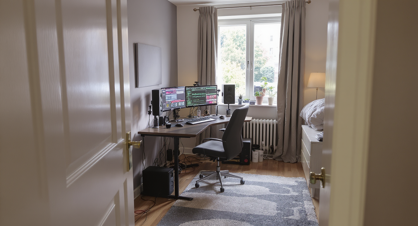 Compact music studio layout in a small room with headphone setup, acoustic panels, rug, and curtains, softly lit by natural window light.