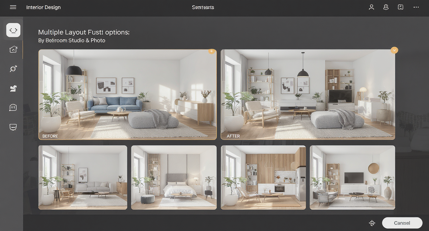 Digital interface showing AI-generated bedroom layouts with multiple style options and furniture placements for studio optimization.