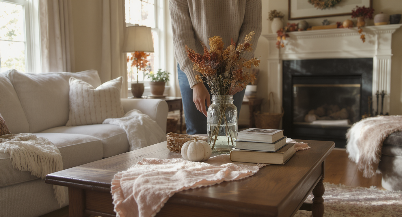 Homeowner arranging simple autumn decor on a coffee table in a warm, naturally lit living room with minimal seasonal touches.