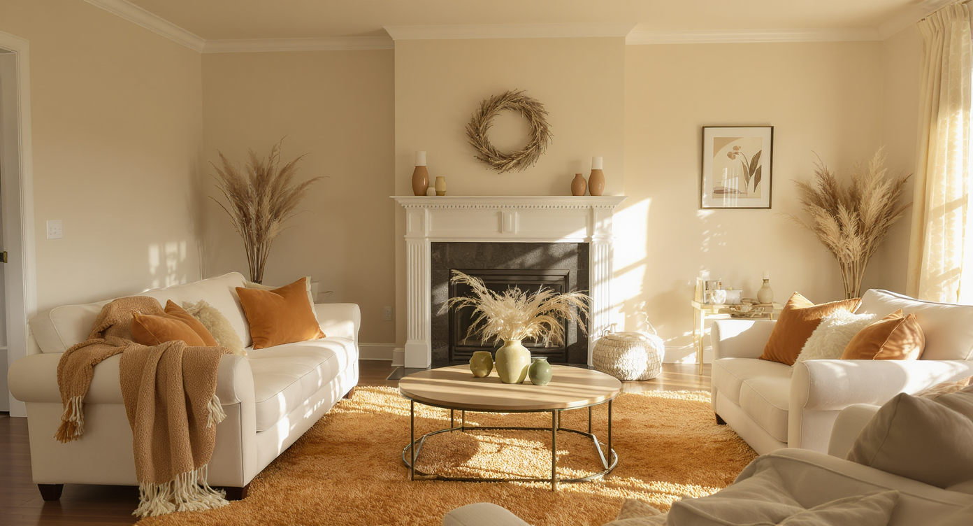Living room with cream sofa, terracotta cushions, olive green accents, and simple mantel decor bathed in natural light.