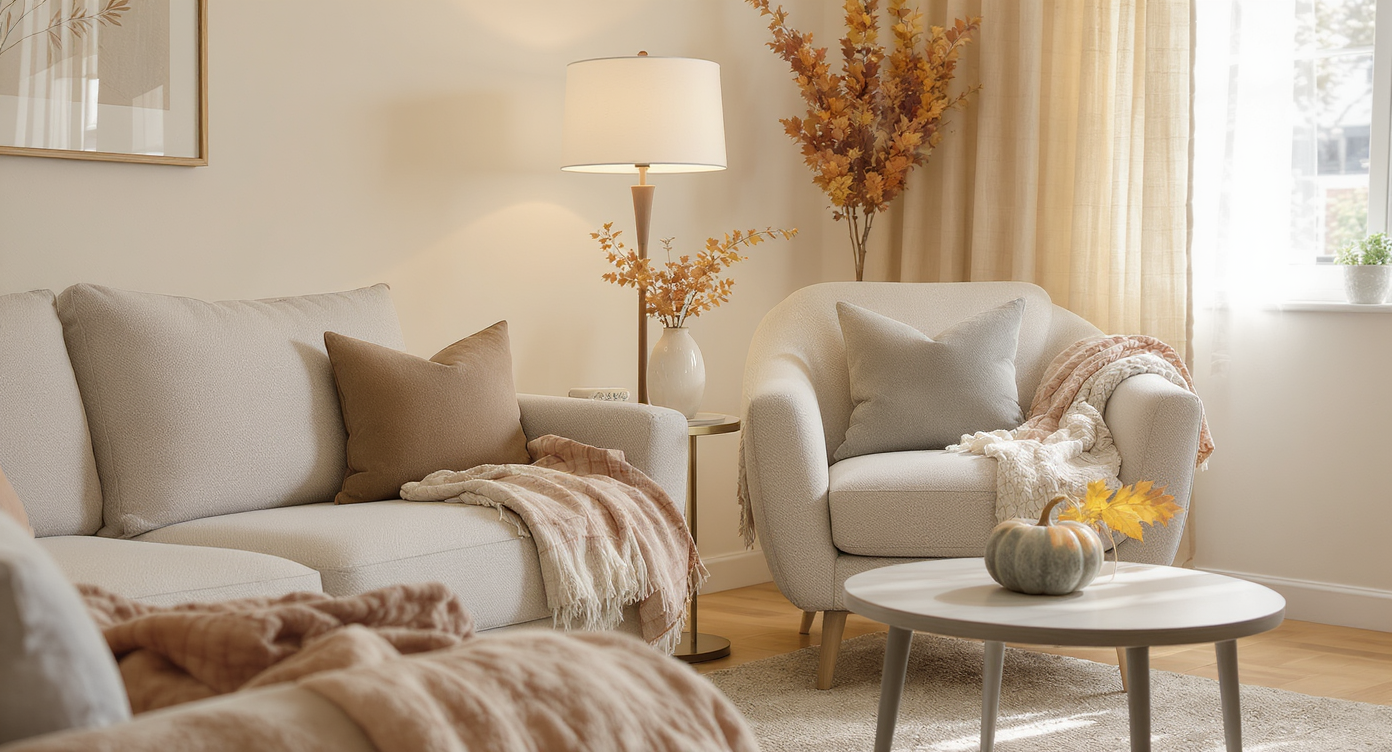 Cozy living room corner with beige armchair, plaid throw, and minimal autumn decor under natural daylight.