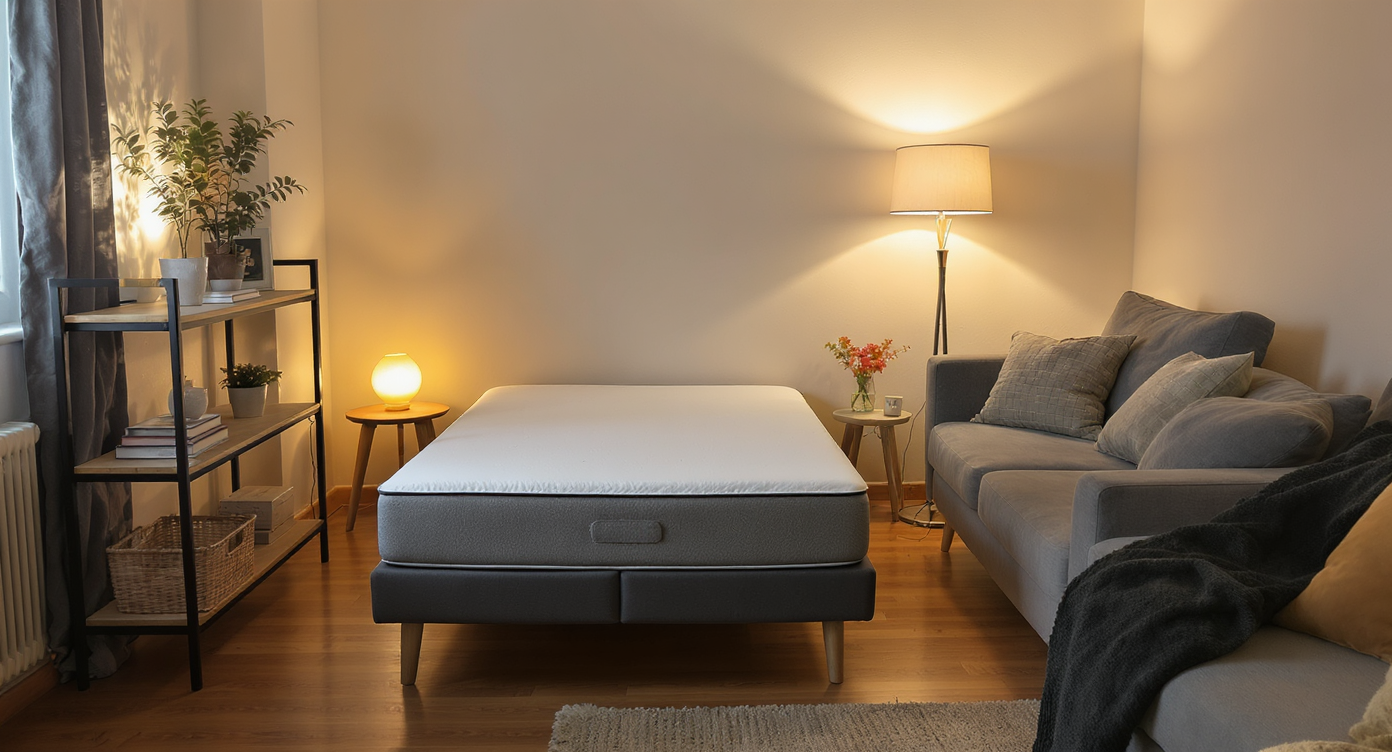 Small furnished living room corner with mattress, cozy sofa, soft lighting, and minimalist secondhand décor.