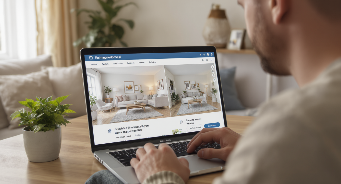 Homeowner engaging with ReimagineHome.ai on a laptop showing side-by-side interior design comparisons in a bright living room.