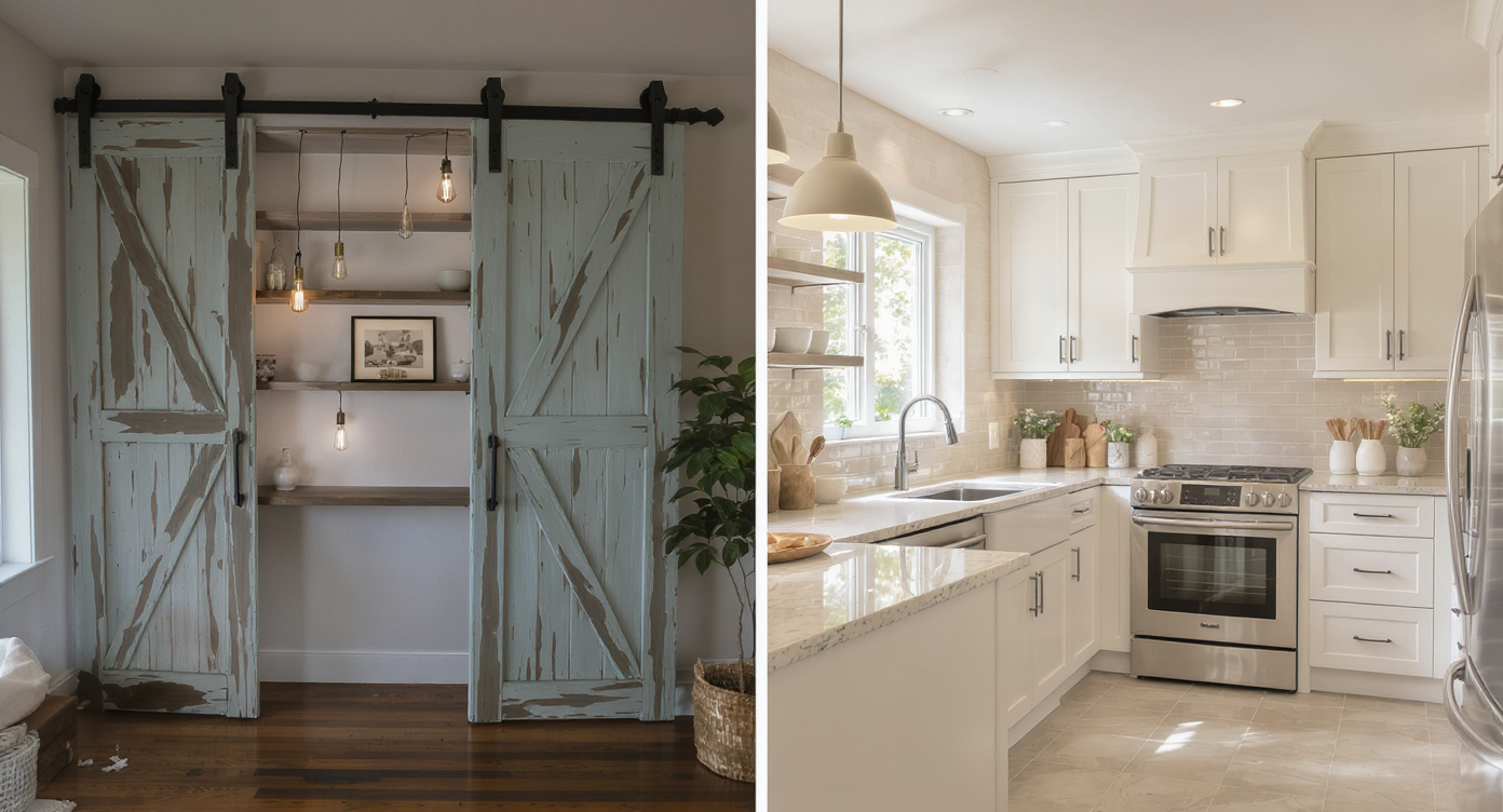Split kitchen image contrasting greasy open shelves and barn doors with clean design featuring closed storage and pocket doors in warm neutrals.