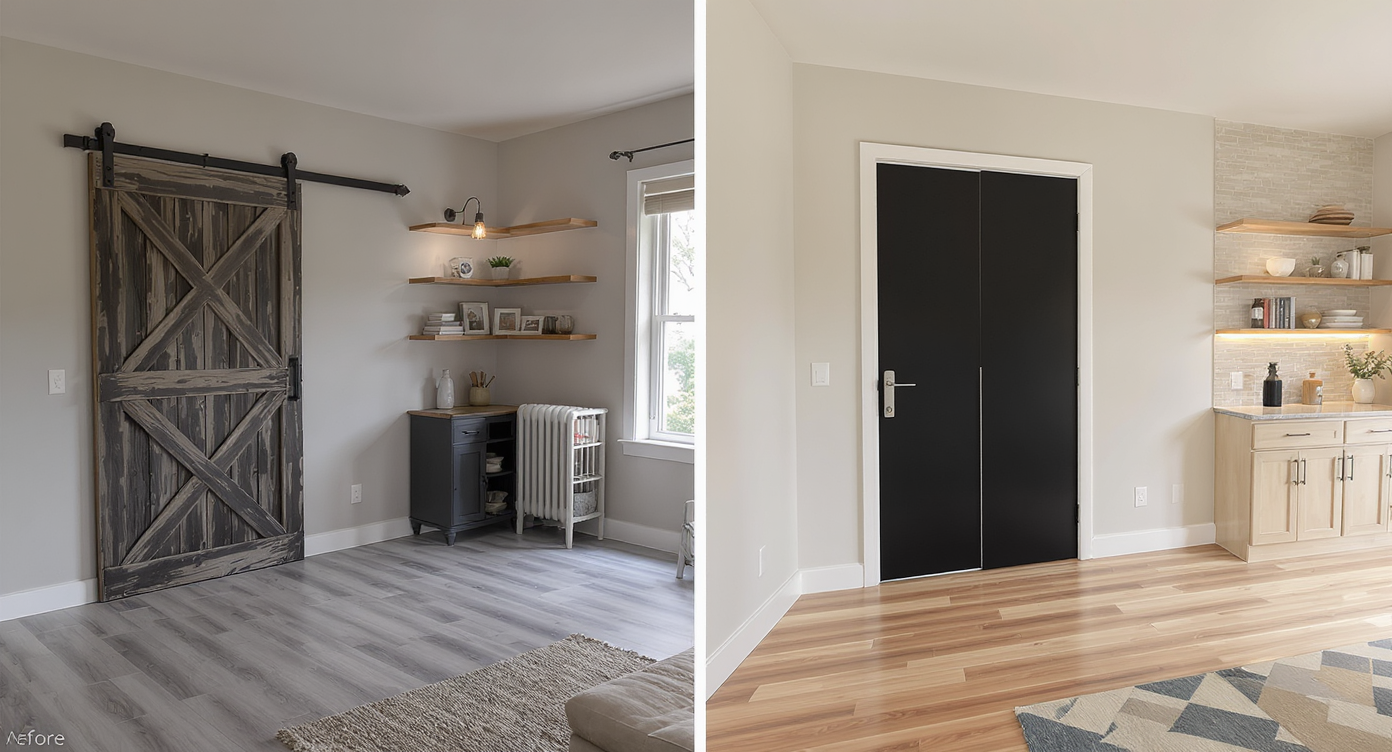 Side-by-side room image comparing rustic barn door and open shelving vs pocket door and closed storage with layered lighting.