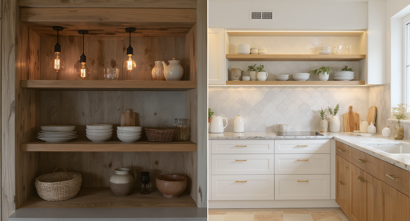 Split kitchen showing greasy open shelves and bare bulbs vs closed storage with layered lighting and warm neutral floors, highlighting design choices.