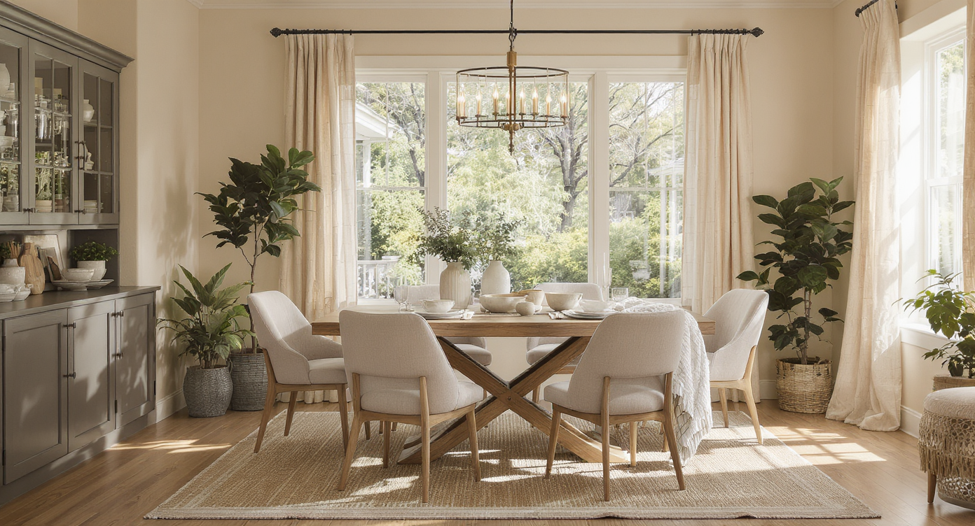 Dining area with warm wood floors, closed storage, pocket doors, layered lighting, and textured walls replacing shiplap showing anti-trend design.