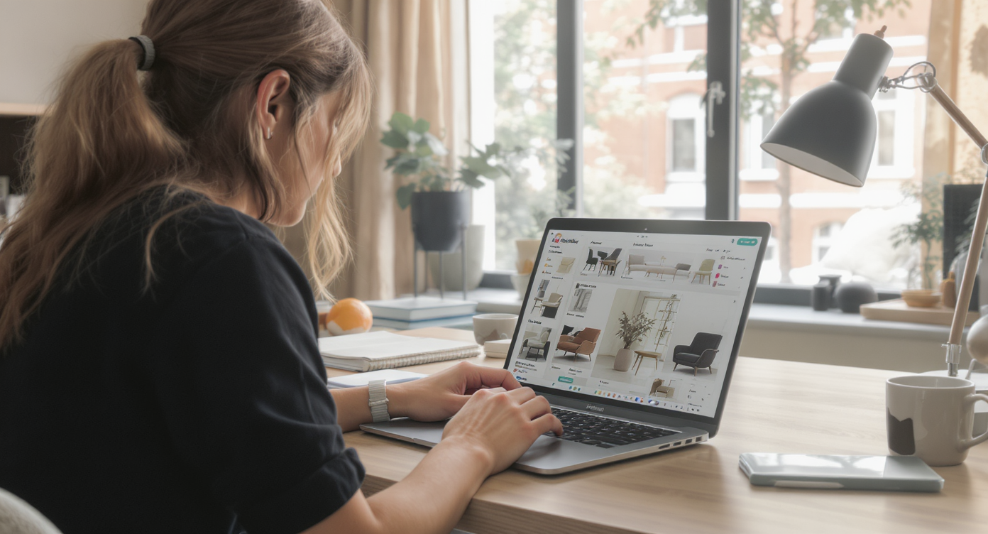 Home office with a person using ReimagineHome.ai on a laptop amid a room blending modern, Scandinavian, minimalist, and mid-century design elements.