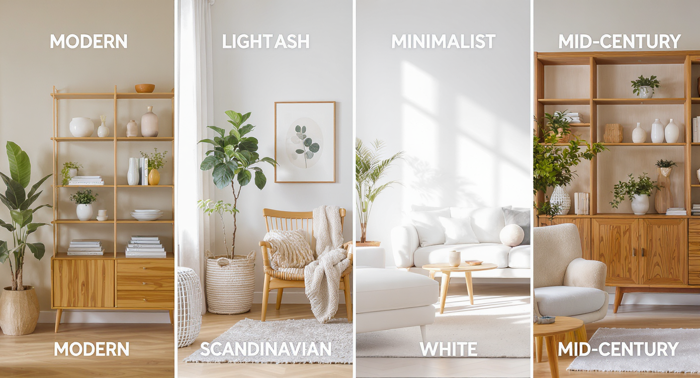 Interior vignette with beige walls, honey wood shelves, Scandinavian knit textiles, minimalist sleek surfaces, and mid-century tapered wooden furniture.