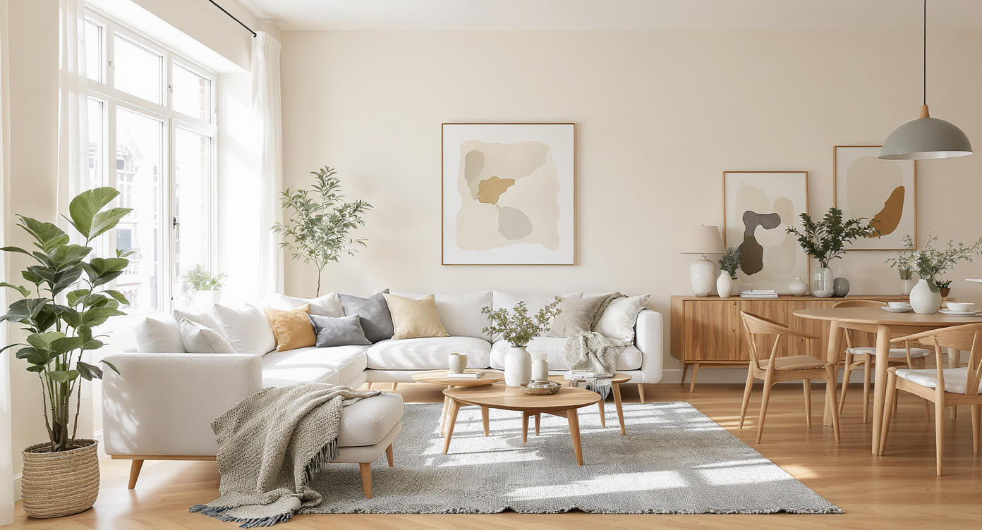 Open living room with pale beige walls, honey wood floors, Scandinavian textiles, and minimalist furniture showing modern-Scandi minimalism blend.
