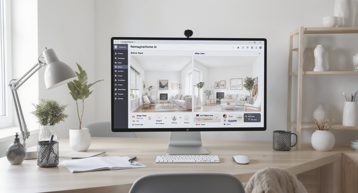 Bright home office with designer using ReimagineHome.ai on computer to visualize room redesigns instantly.