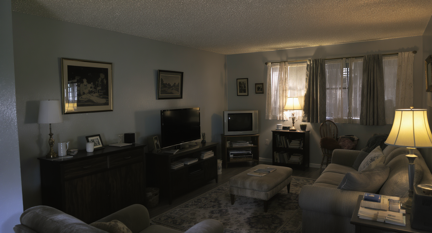 Dimly lit family room with popcorn ceiling and monochrome gray walls, evoking outdated mid-century decor trends.