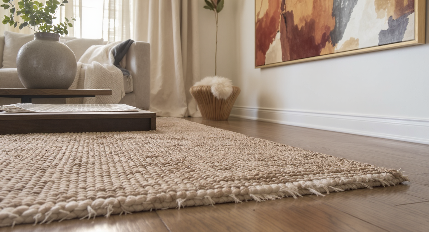 Detail of woven rug, ceramic vase with greenery, linen curtains, and warm-hued abstract painting in natural light.