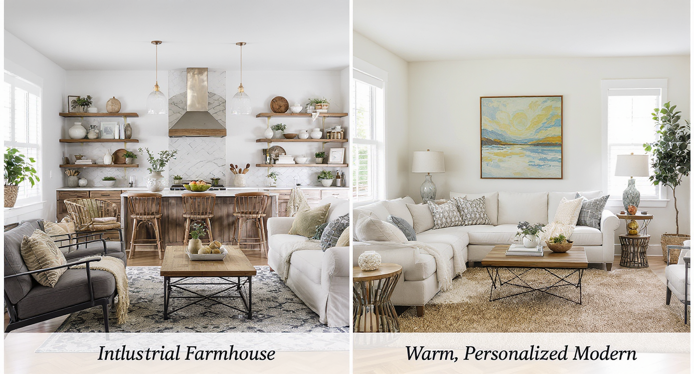 Split image comparing industrial farmhouse room with metal and distressed wood versus warm personalized modern with layered textures and scaled furniture.