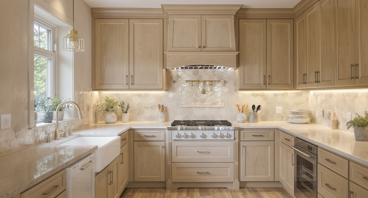 Elegant kitchen with plaster walls, under-mount sink, mid-tone wood floors, paneled doors, soft tile backsplash, layered lighting, and muted metal hardware.