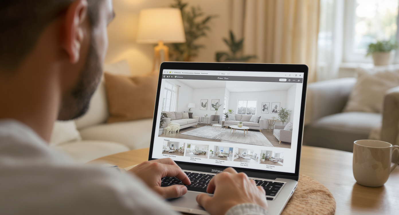 Person sitting in a warm, stylish living room using laptop that displays side-by-side AI-generated interior design options.