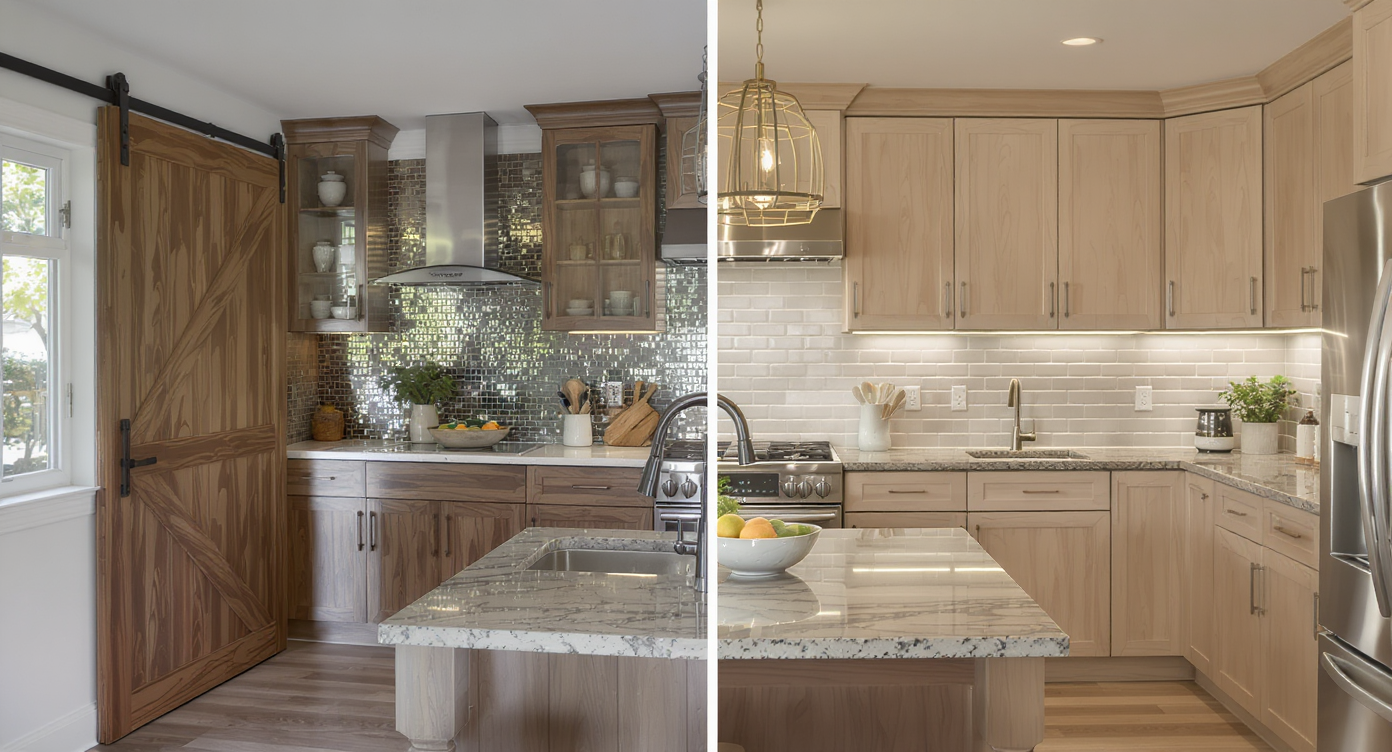 Split-view kitchen showing dated elements like barn doors and vessel sinks on left, and timeless warm neutrals with natural woods and LED lighting on right.