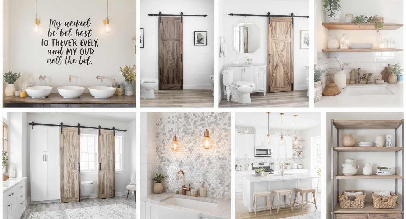 Collage showing popular fast-dating trends including wall quotes, vessel sinks, gray floors, barn doors, mosaics, Edison bulbs, and rose gold finishes.