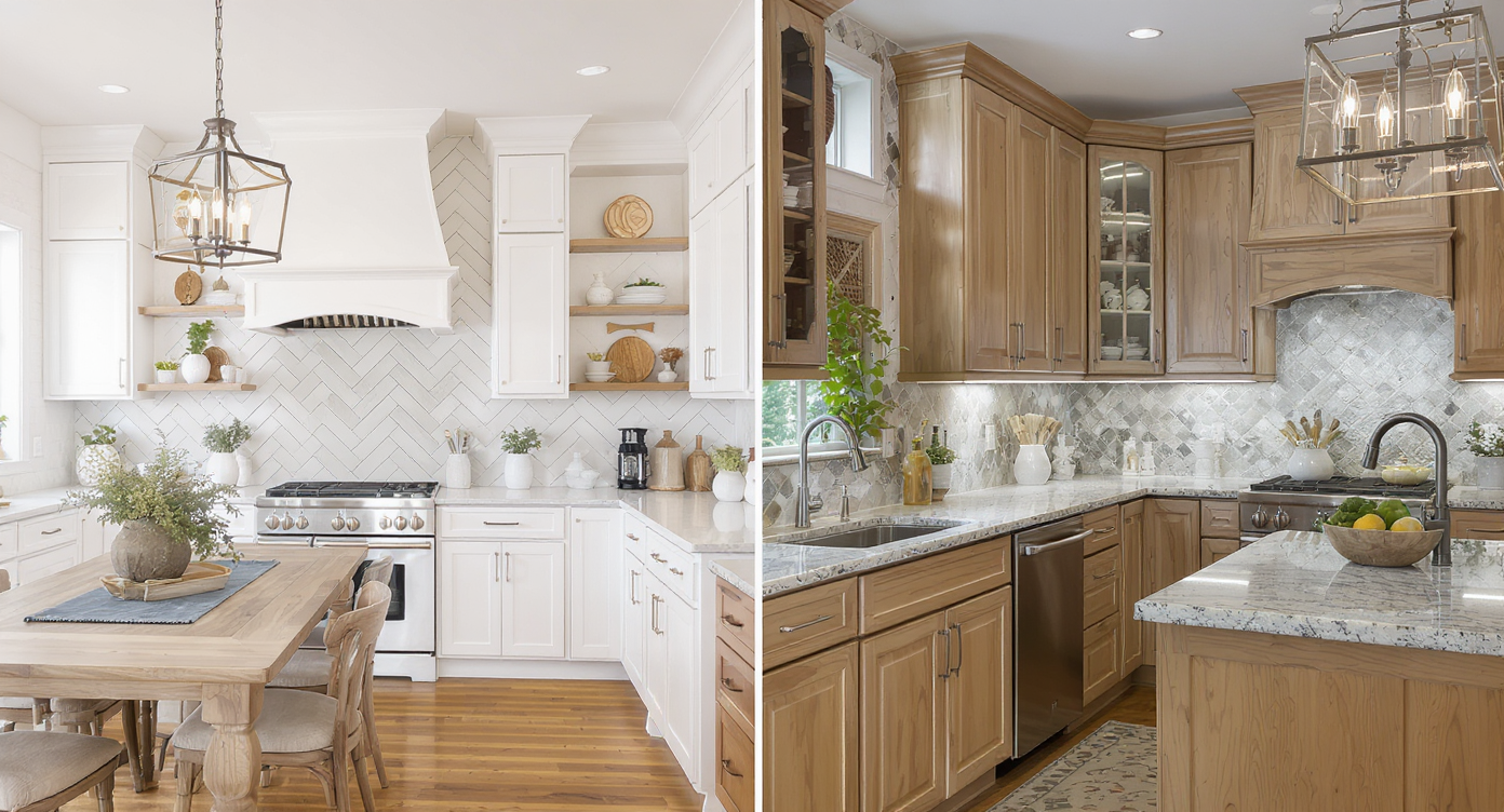 Split image comparing trend-forward farmhouse kitchen with Edison bulbs to timeless kitchen with warm cabinetry and layered lighting.