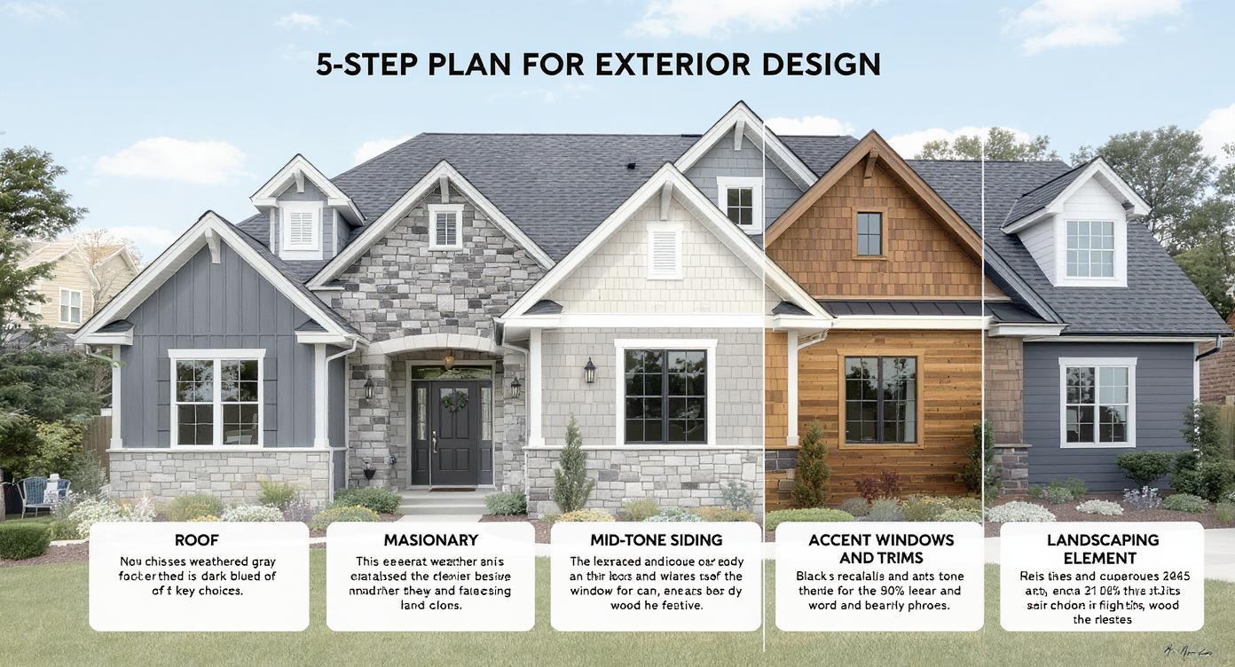 Detailed house facade segmented to illustrate a 5-step exterior design plan with materials and colors in natural light.
