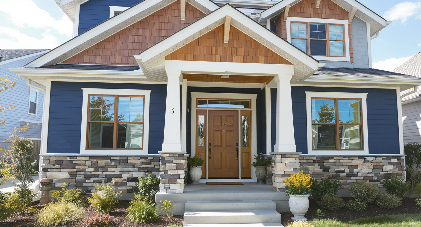 Contemporary home exterior with navy siding, off-white trim, warm wood accents, bronze windows, and landscaped front yard.