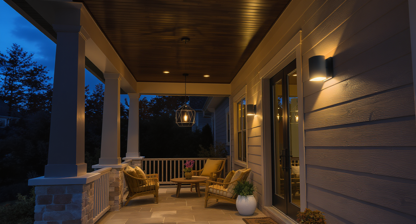 Twilight close-up of modern porch lighting with recessed, pendant and wall sconces, muted earth tones, and natural materials.