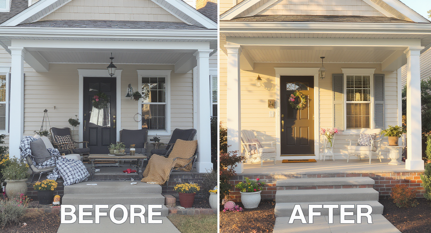 Split image of a porch before with clutter, poor scale and after with clean, well-lit, properly scaled modern design.