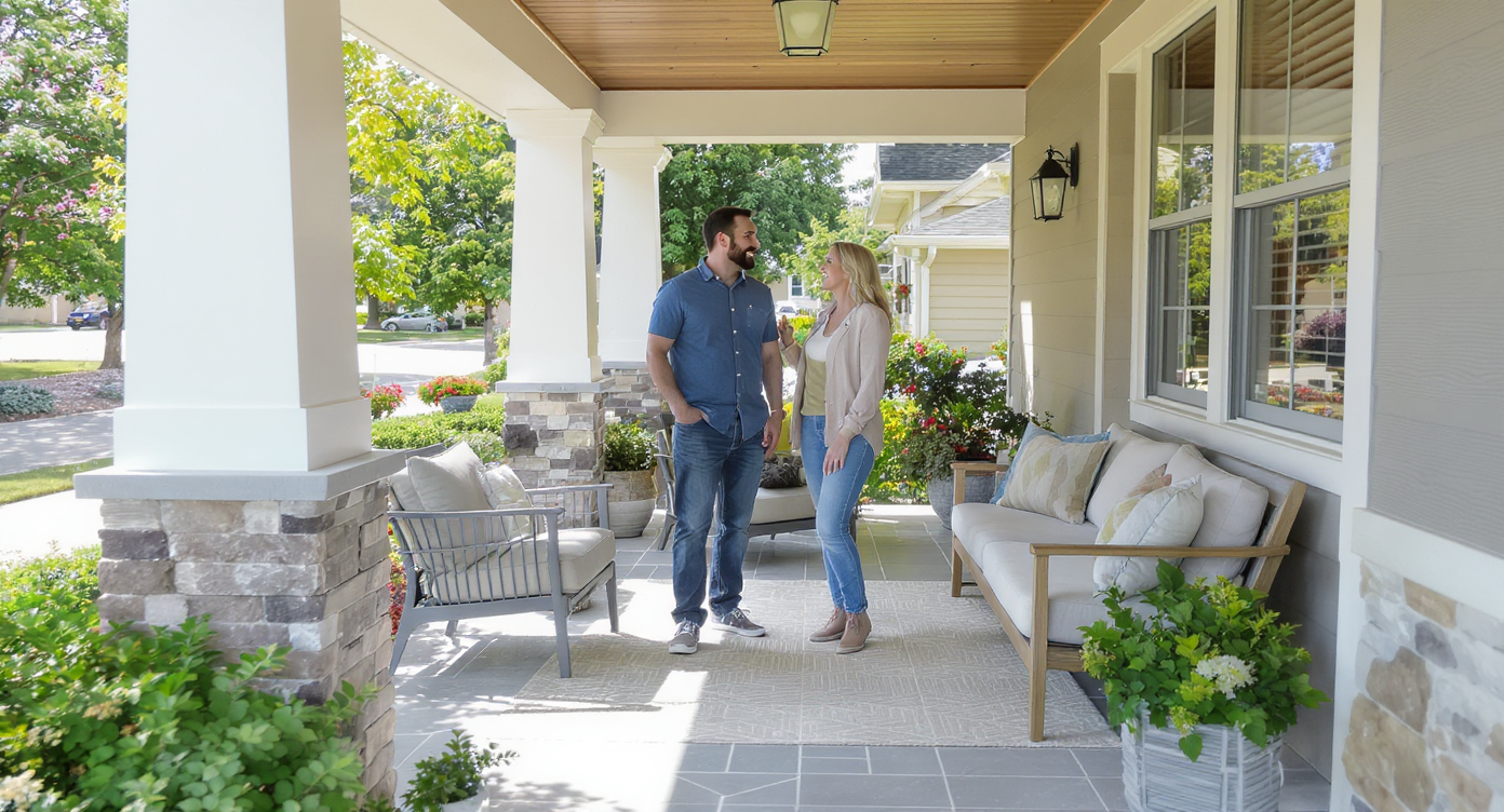Happy homeowners on their modern porch with geometric tiles, box columns, greenery, and neat seating in natural daylight.