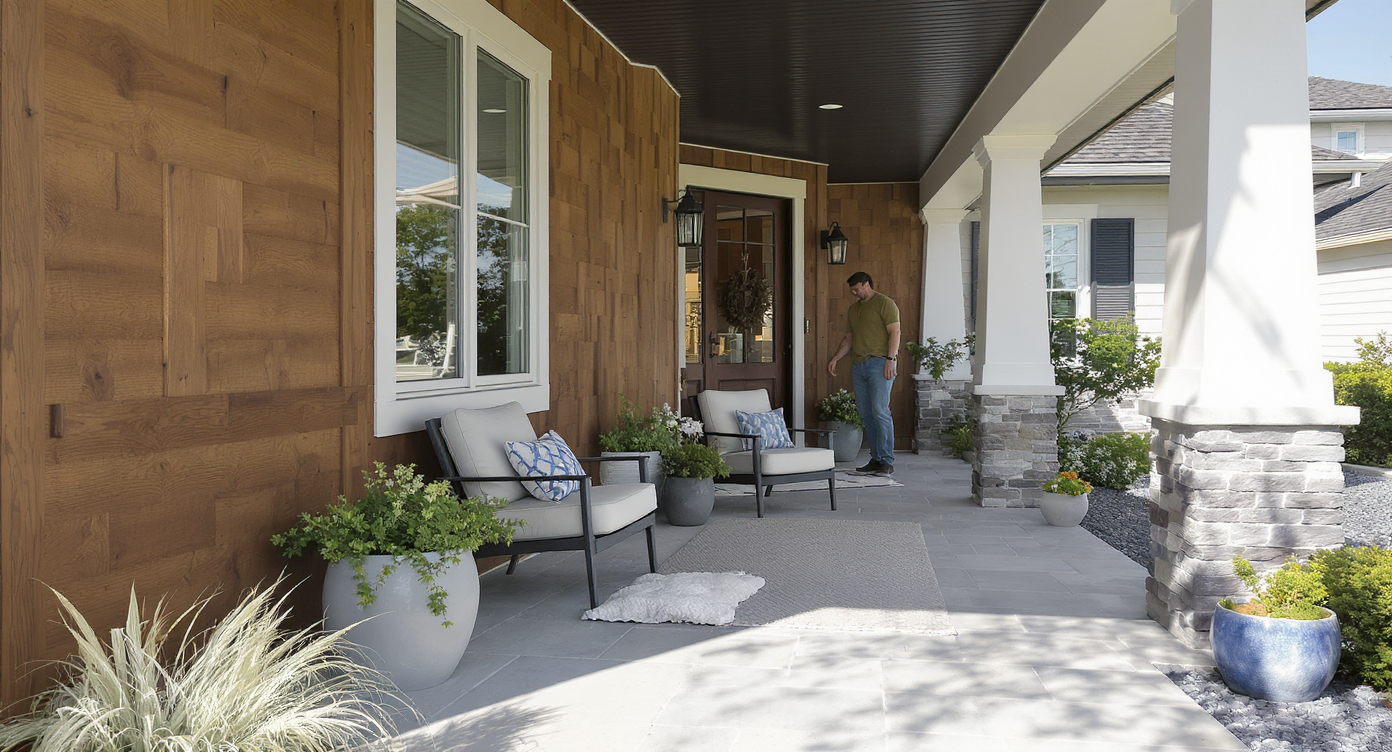 Daylight photo of a modern porch with clear walking path, seating, greenery, box columns, dark ceiling, and homeowner tending plants.