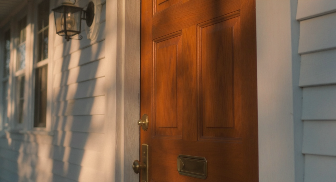Close-up of traditional wood front door with classic panels and brass hardware matching home’s architectural details under warm daylight.