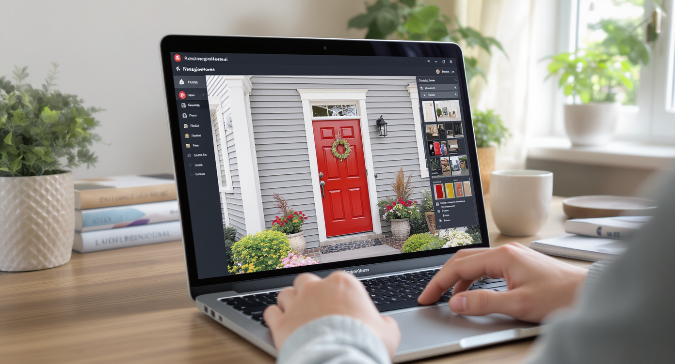 Homeowner interacting with ReimagineHome.ai on laptop, previewing front door colors and styles in bright home office setting.