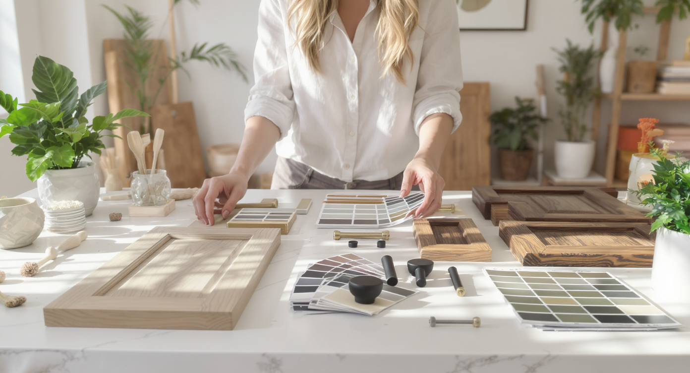 Designer arranging door hardware and paint swatches on wooden door samples in bright, tidy studio workspace with natural light.