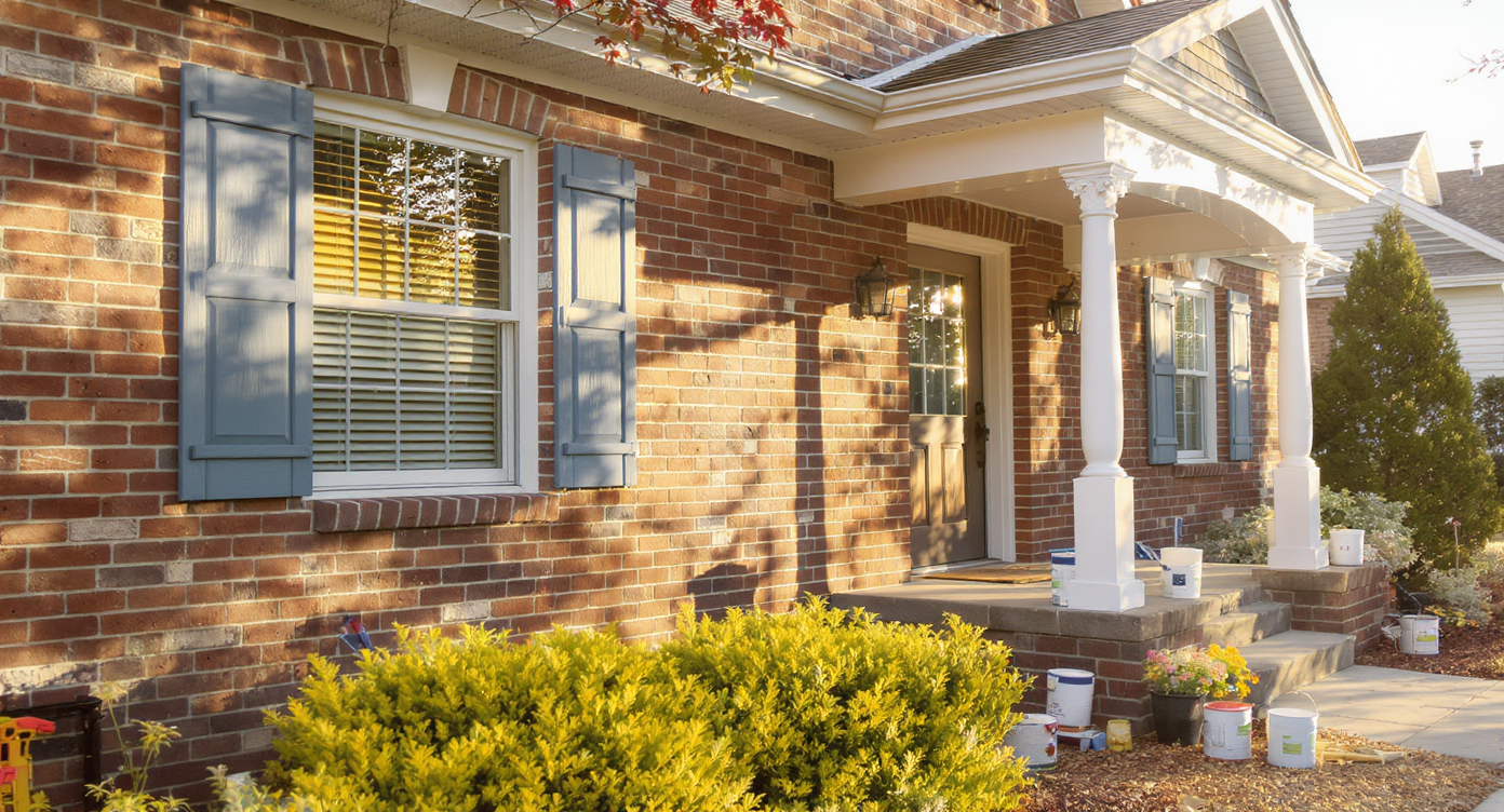Homeowner painting shutters blue-gray, planting shrubs, and installing white portico on unpainted brick facade during sunny weekend afternoon.