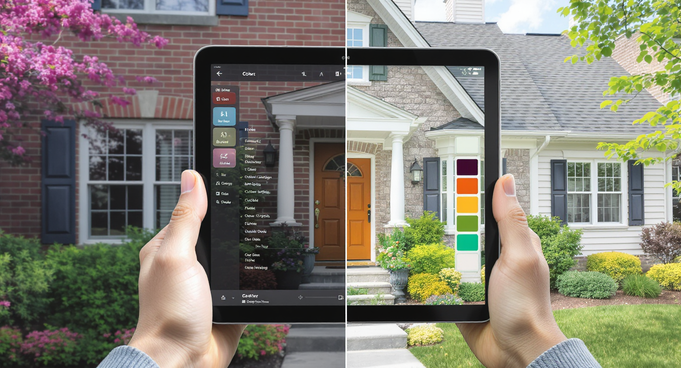 Homeowner viewing AI-powered software on tablet showing color and landscaping changes for brick home exterior in real time outdoors.