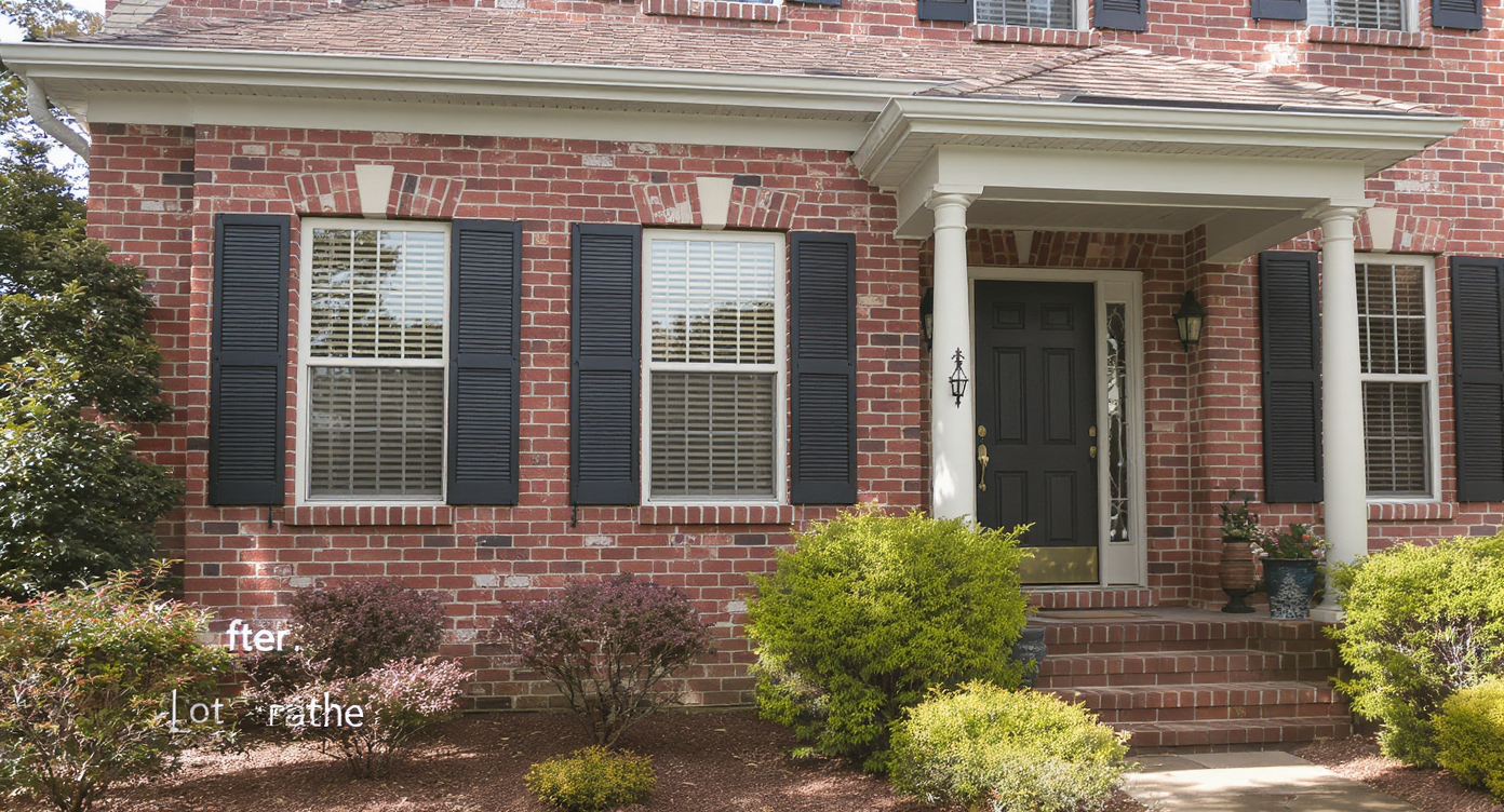Brick house front highlighting proportional shutters, porch adding depth, layered shrubs, and one mismatched oversized shutter illustrating common exterior problems.