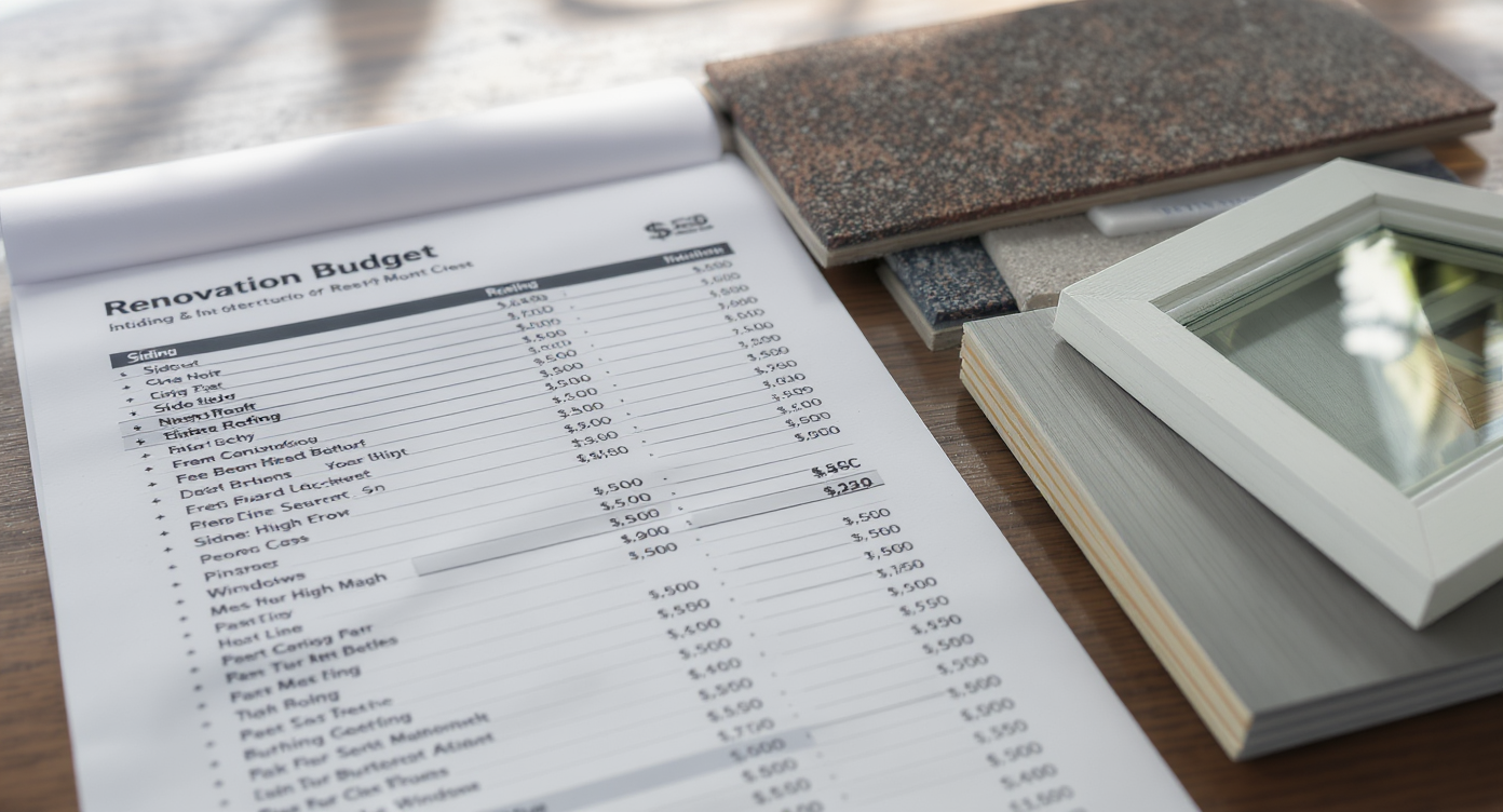 Detailed renovation budget sheets with costs beside roofing, siding, and window material samples on a wooden table.