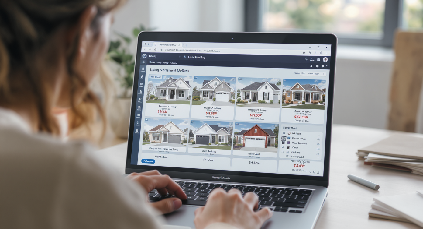 Designer uses laptop showing 3D exterior renovation designs and cost data in a bright, minimal studio space.