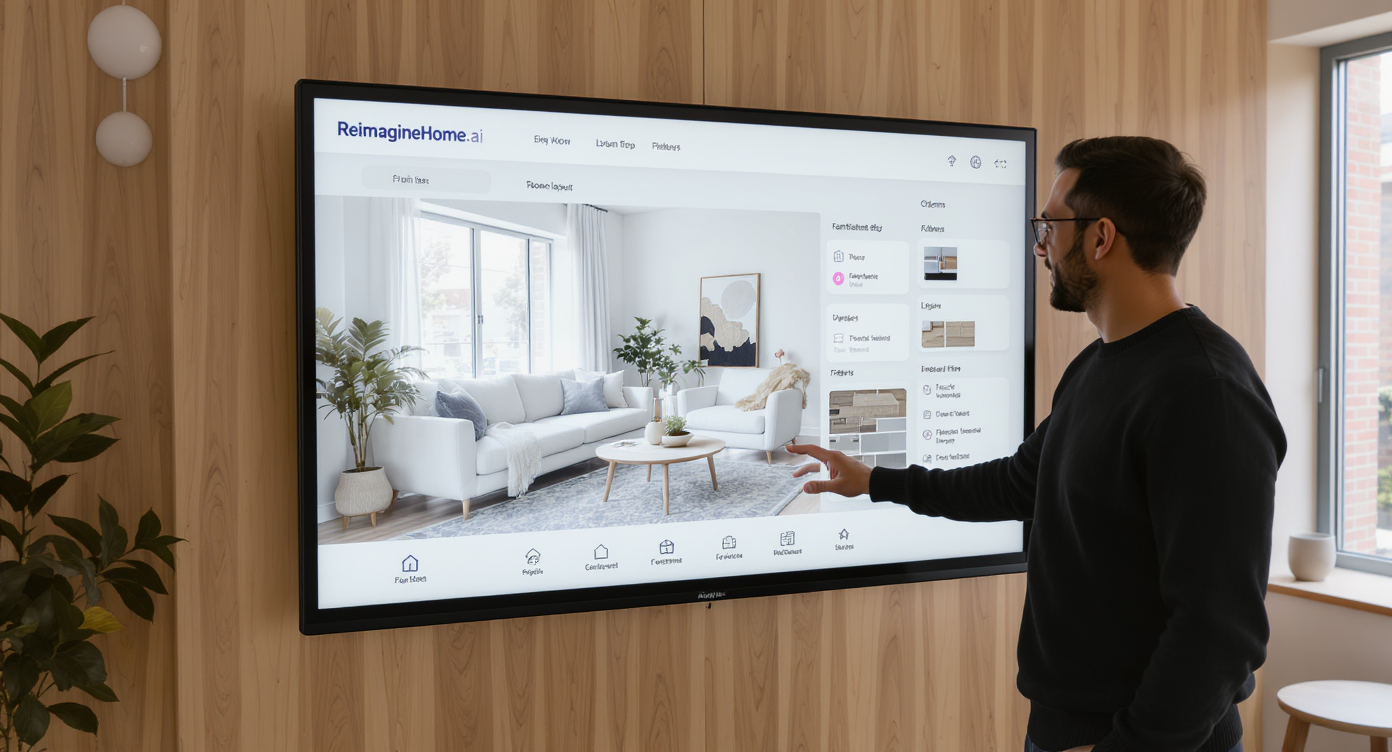 Homeowner uses touchscreen to preview flooring and furniture layouts with ReimagineHome.ai in bright living room